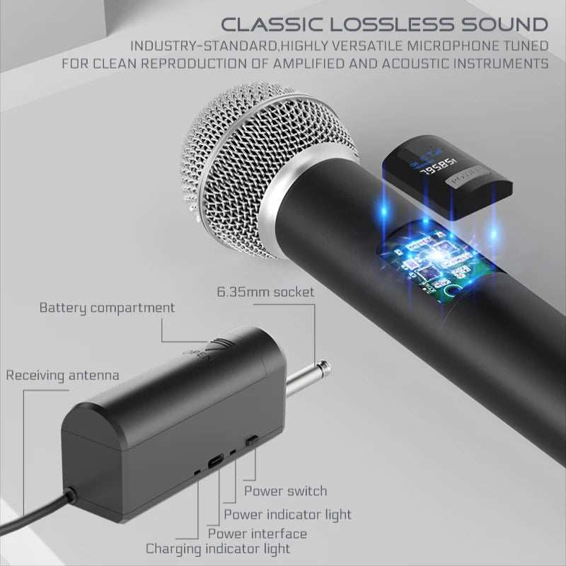 Microfone sem fio 2 canais UHF frequência fixa microfone dinâmico