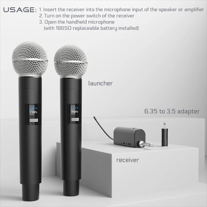 Microfone sem fio 2 canais UHF frequência fixa microfone dinâmico