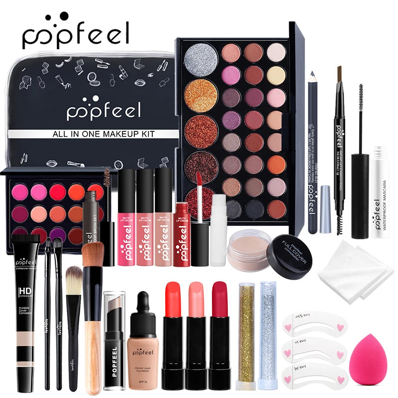 POPFEEL Kit de maquiagem tudo em um para mulheres Conjunto completo, conjuntos de maquiagem tudo em um incluem delineador de sobrancelha e sombra