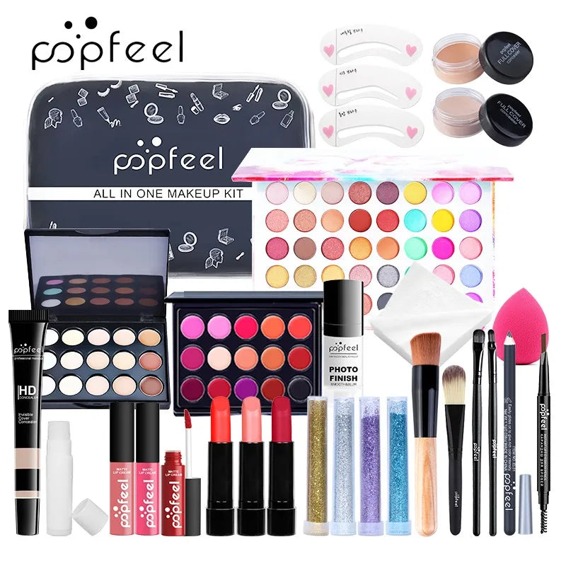 POPFEEL Kit de maquiagem tudo em um para mulheres Conjunto completo, conjuntos de maquiagem tudo em um incluem delineador de sobrancelha e sombra